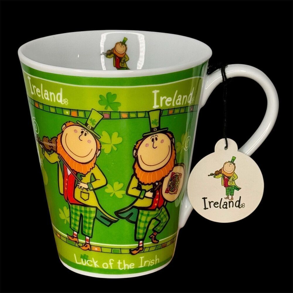 IRELAND "Luck of the Irish" Mug Fun Irish Musician Dancer & Clover Design Green